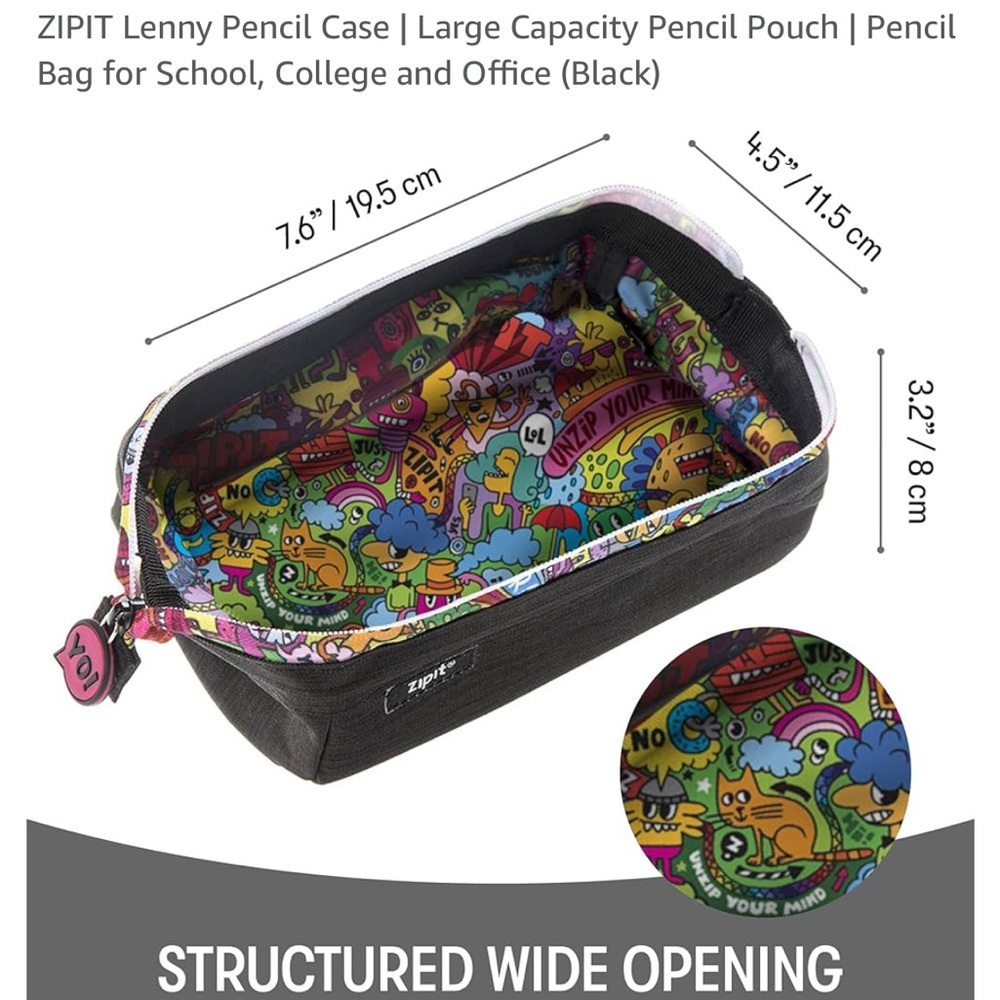 ZIPIT Lenny Pencil Case - Black with Colorful Interior and waist strap New! - Picture 4 of 10